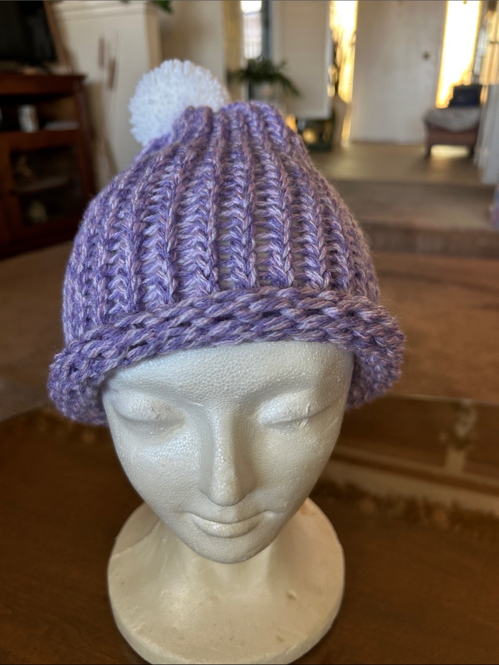 Lavender Knit Pom Beanie - Women's Winter Hat